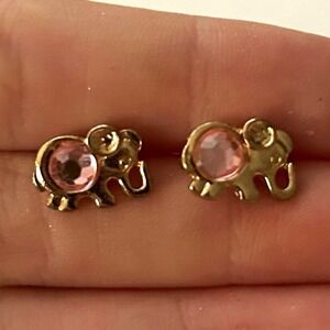 Gold Tone Elephant Pink Rhinestone Prong-Set Stud Butterfly Back Earrings